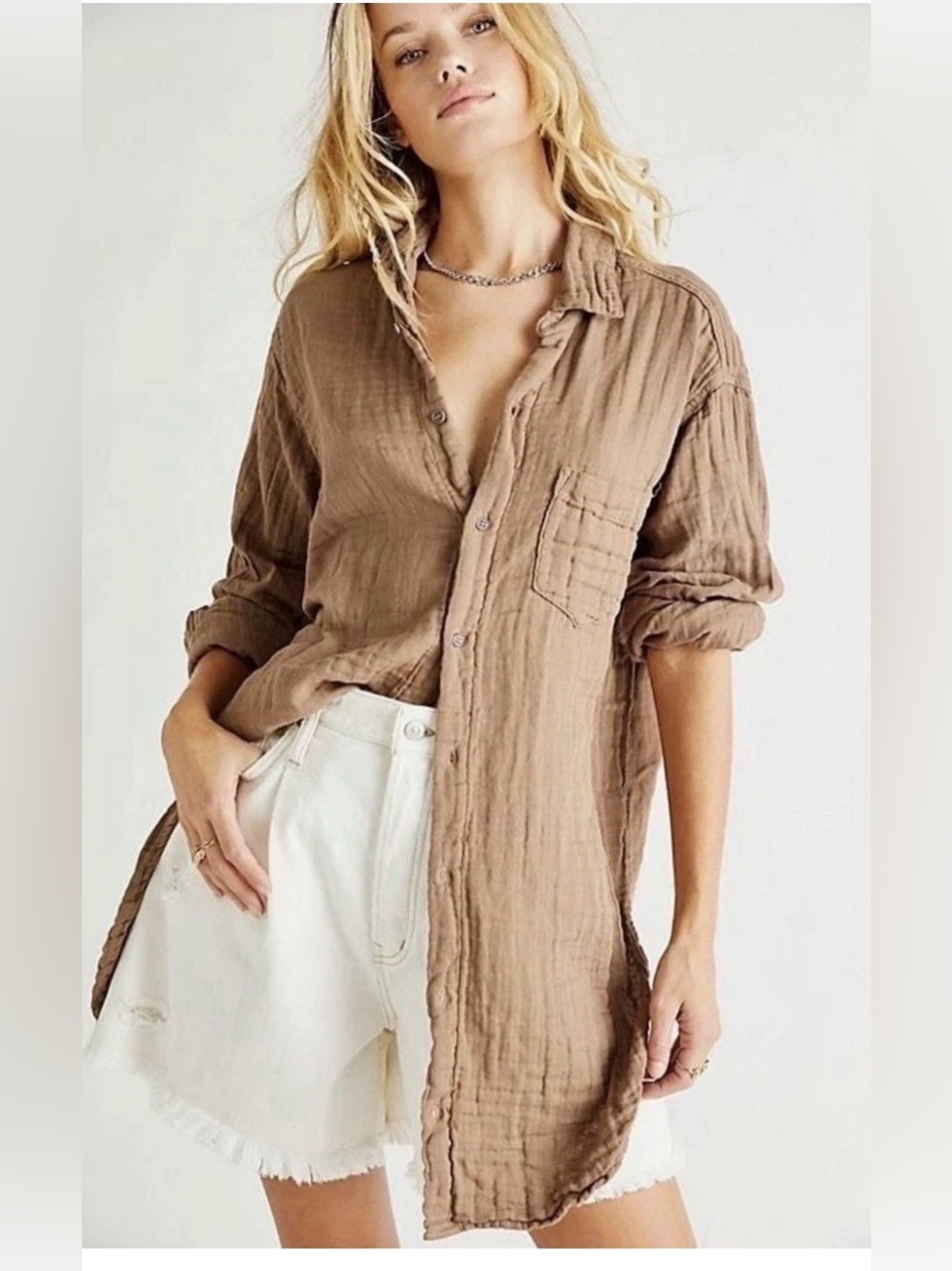 Free People Pale Yellow Long Sleeve Button-Down Shirt